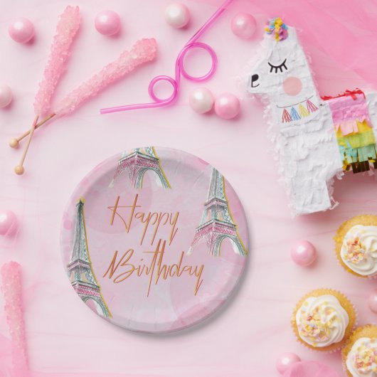 ピンクとエレガント金ゴールドのパリスをテーマにした誕生日パーティー ペーパープレート (パーティー)