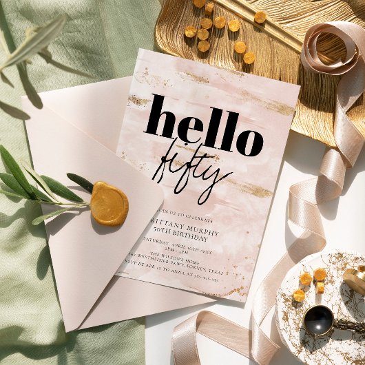 ピンクとエレガント金ゴールドシンプル50誕生日 招待状