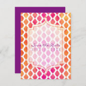 ピンクとオレンジのアラビアンモロッコンテーマのSave the Date 案内ポストカード (正面/裏面)