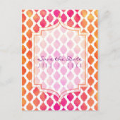 ピンクとオレンジのアラビアンモロッコンテーマのSave the Date 案内ポストカード (正面)