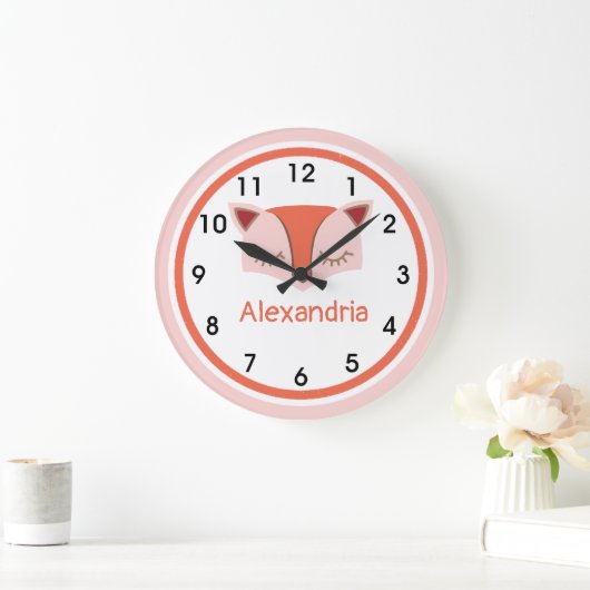 ピンクとオレンジのウッドランドキツネ顔アクリル ラージ壁時計 (ホーム)