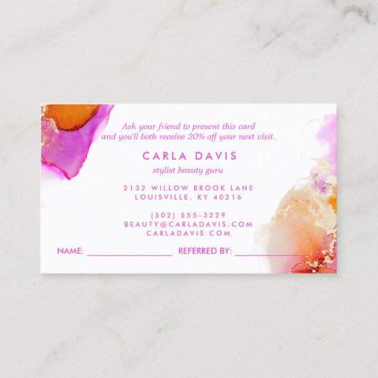 ピンクとオレンジのエレガント水色アルコールインク 紹介カード (裏面)