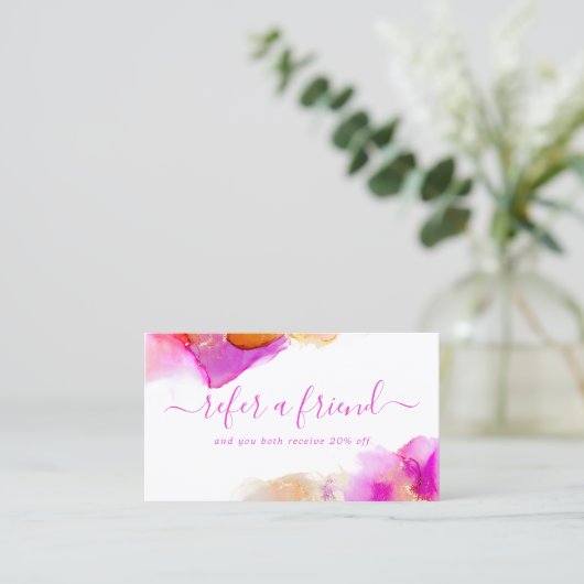 ピンクとオレンジのエレガント水色アルコールインク 紹介カード (スタンド正面)