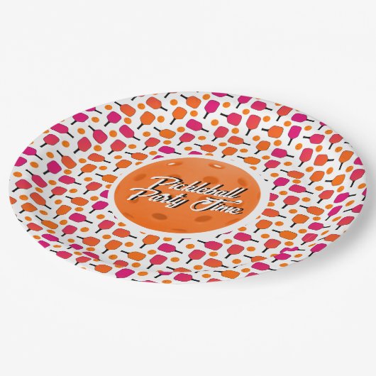 ピンクとオレンジのカスタマイズできるピックルボールパドル ペーパープレート (アングル)