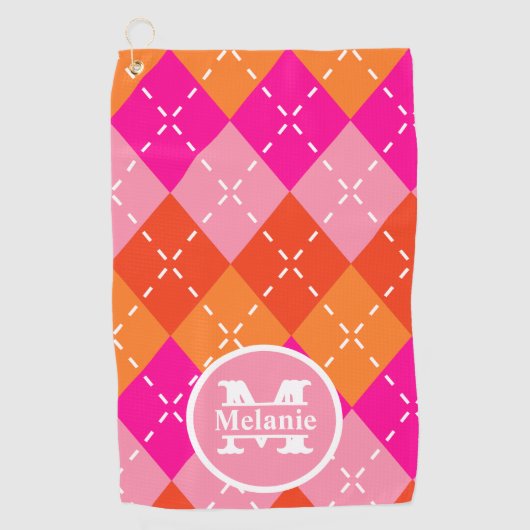 ピンクとオレンジのゴアーガイルリ名門私立校風のパーソナライズされたフ ゴルフタオル (正面)