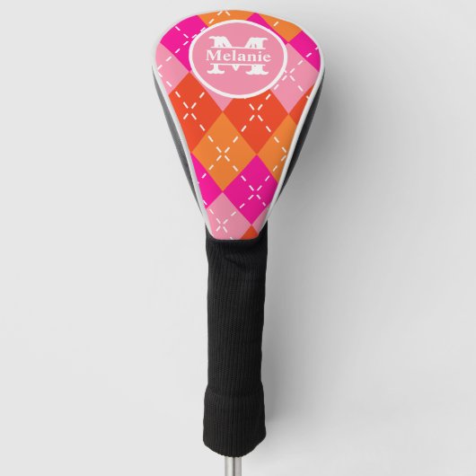 ピンクとオレンジのゴアーガイルリ名門私立校風のパーソナライズされたフ ゴルフヘッドカバー (正面)