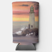 ピンクとオレンジのスカイセルツェ付きの海岸灯台 スリム缶クーラー (正面)