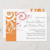 ピンクとオレンジのスワール誕生日パーティーの招待 招待状 (正面/裏面)