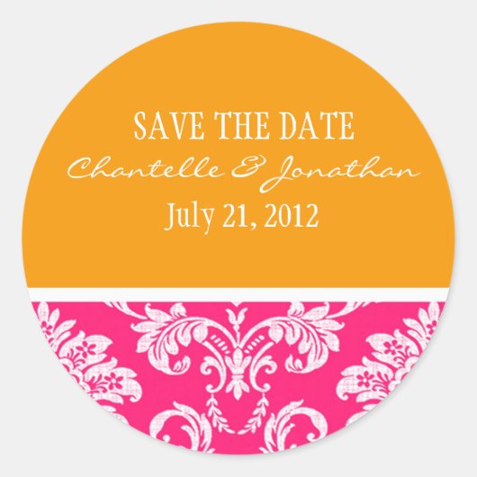 ピンクとオレンジのダマスクのウェディングステッカー ラウンドシール (正面)