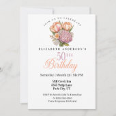 ピンクとオレンジのチューリップの華やかな50歳の誕生日 招待状 (正面)