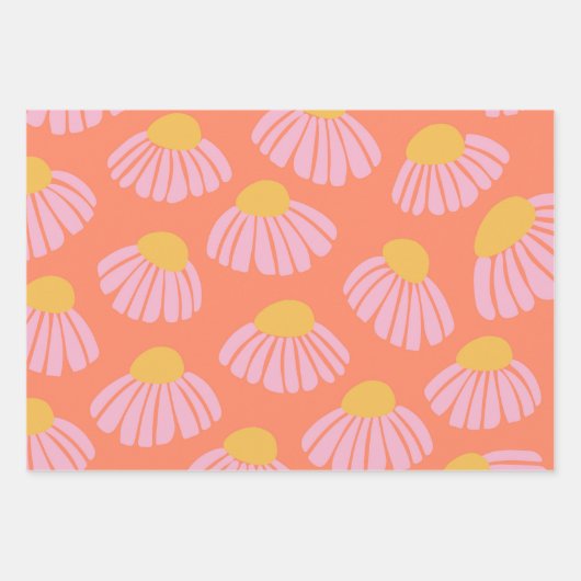 ピンクとオレンジのデイジー花柄 ラッピングペーパーシート (正面2)