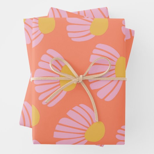 ピンクとオレンジのデイジー花柄 ラッピングペーパーシート (インサイチュ)