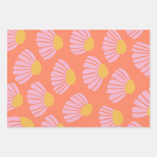 ピンクとオレンジのデイジー花柄 ラッピングペーパーシート (正面)