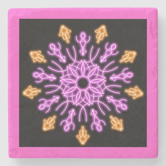 ピンクとオレンジのネオンの花 ストーンコースター (正面)