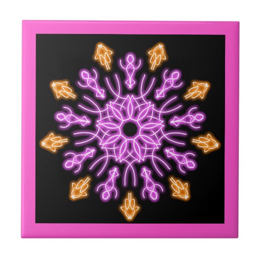 ピンクとオレンジのネオンの花 タイル (正面)