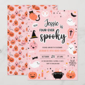 ピンクとオレンジのハロウィン4歳の誕生日招待状 招待状 (正面/裏面)
