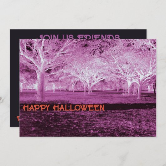 ピンクとオレンジのハローウィンパーティ怖い森 招待状 (正面/裏面)