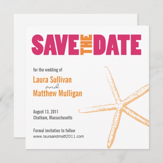 ピンクとオレンジのヒトデの結婚式の日付を保存 セーブザデート (正面/裏面)