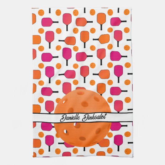 ピンクとオレンジのピックボールのパドルパーソナライズされた キッチンタオル (縦)