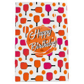 ピンクとオレンジのピックボールのパドルパーソナライズされた ミディアムペーパーバッグ (正面)