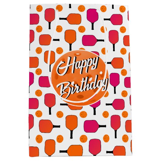 ピンクとオレンジのピックボールのパドルパーソナライズされた ミディアムペーパーバッグ (正面)