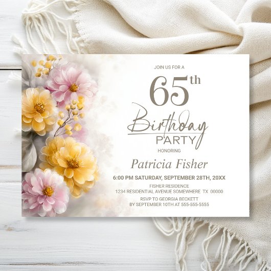 ピンクとオレンジのフラワーバースデーパーティー 65歳の誕生日 招待状