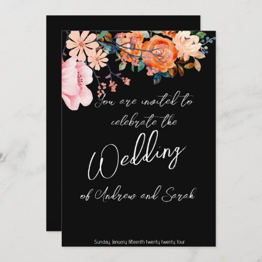 ピンクとオレンジのフローラと金ゴールド結婚式招待状 招待状 (正面/裏面)