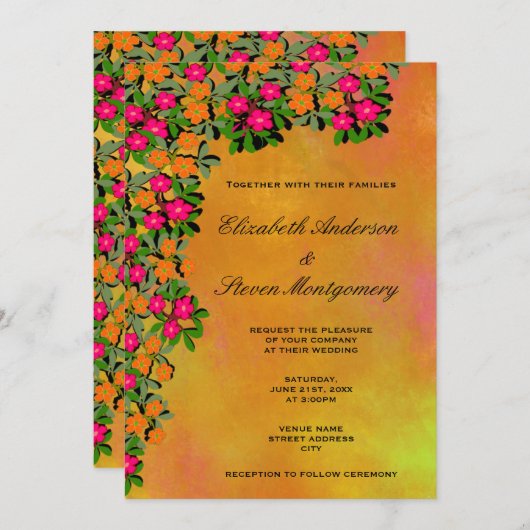 ピンクとオレンジのフローラをテーマ結婚にした 招待状 (正面/裏面)