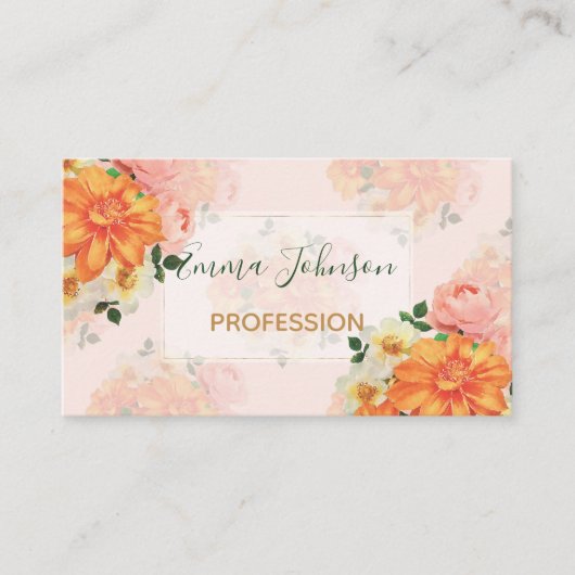 ピンクとオレンジのフローラアートデザイン 名刺 (正面)