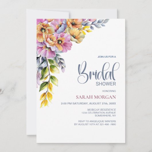 ピンクとオレンジのフローラブライダルシャワー 招待状 (正面)
