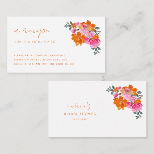 ピンクとオレンジのフローラレシピ要求ブライダルシャワー エンクロージャーカード (正面/裏面)