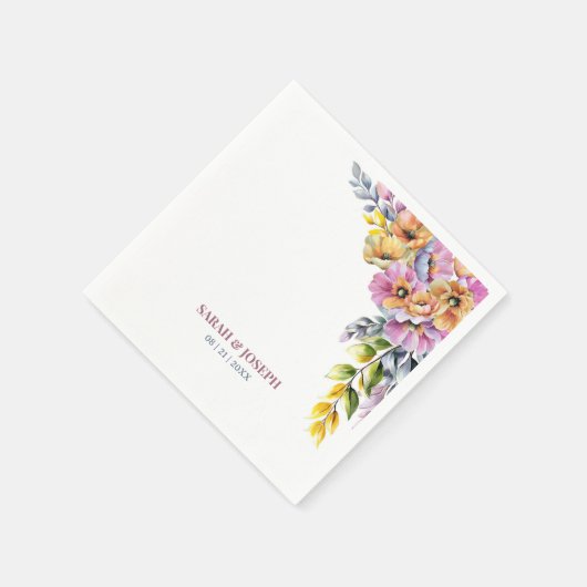 ピンクとオレンジのフローラ結婚の スタンダードカクテルナプキン (角)