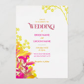 ピンクとオレンジのフローラ結婚の 箔招待状 (正面)