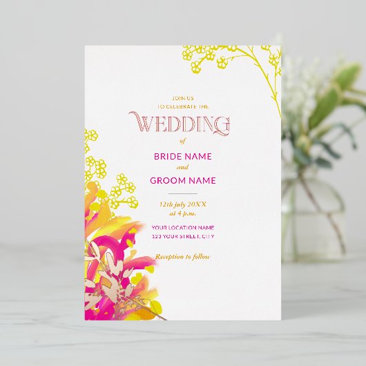 ピンクとオレンジのフローラ結婚の 箔招待状 (立ち正面)