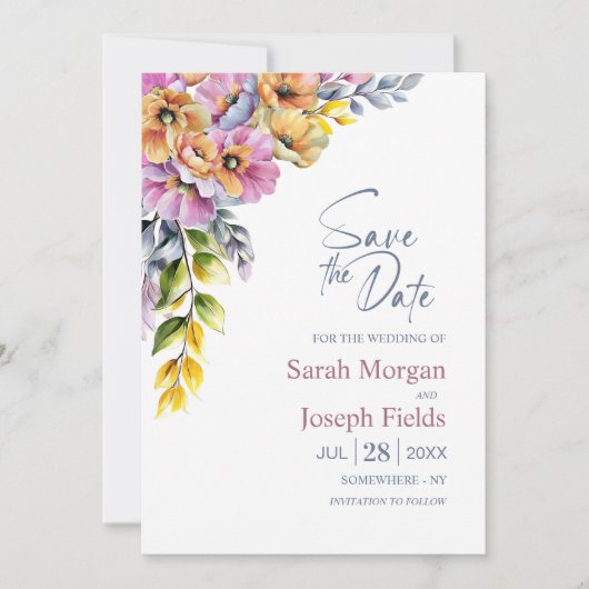 ピンクとオレンジのフローラ結婚式の日付を保存 招待状 (正面)