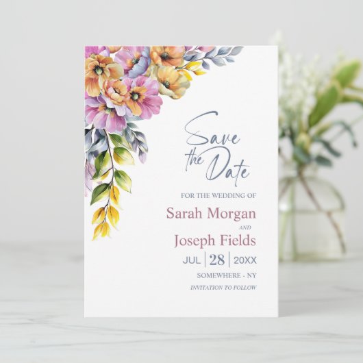 ピンクとオレンジのフローラ結婚式の日付を保存 招待状 (スタンド正面)