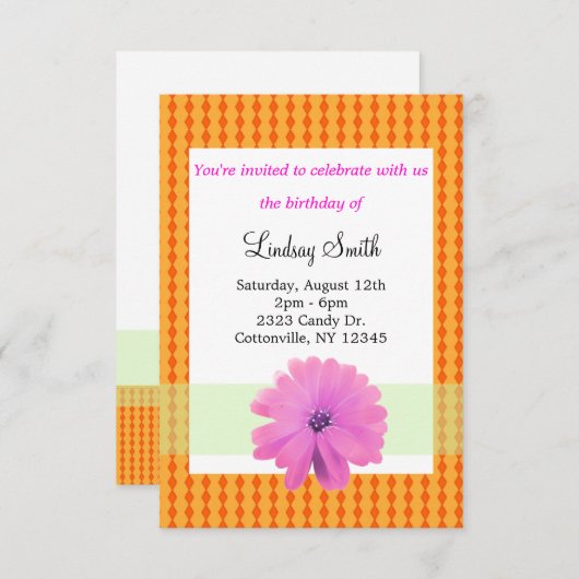 ピンクとオレンジのフローラ誕生日招待状 招待状 (正面/裏面)