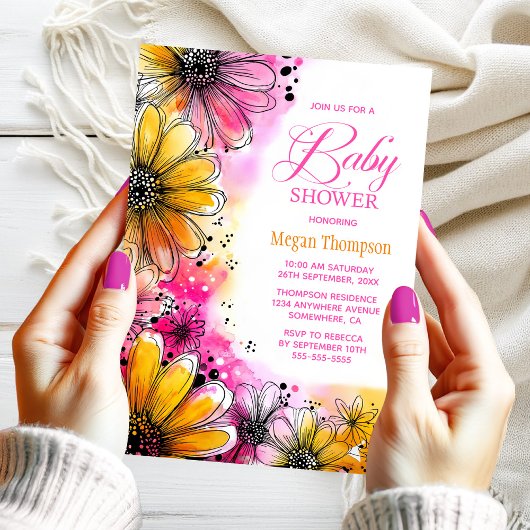 ピンクとオレンジのフローラ赤ちゃんシャワー 招待状