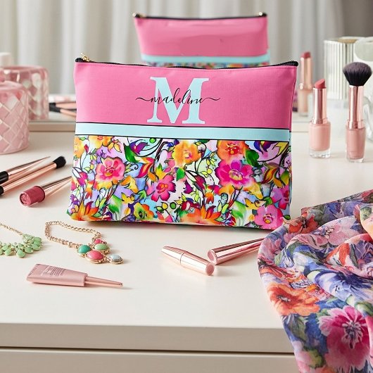 ピンクとオレンジのフローラ パーソナライズされた アクセサリーポーチ