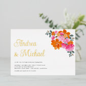 ピンクとオレンジのフローラQRコード結婚写真実在の 箔招待状 (立ち正面)
