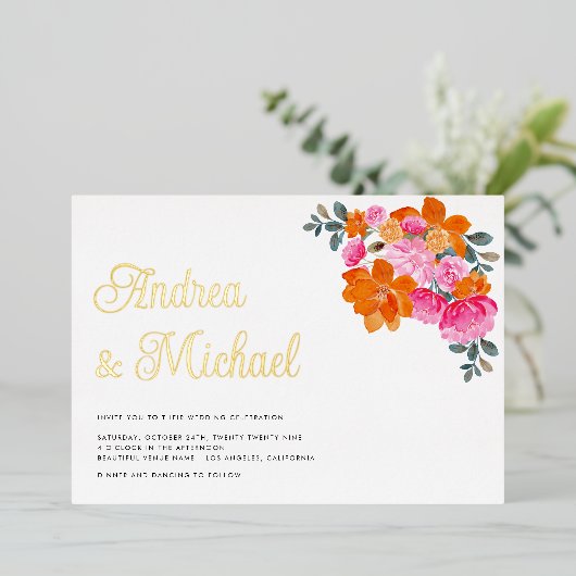 ピンクとオレンジのフローラQRコード結婚写真実在の 箔招待状 (立ち正面)