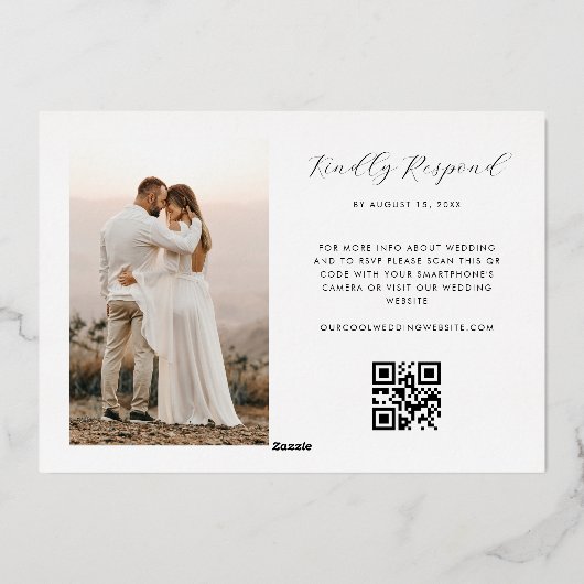 ピンクとオレンジのフローラQRコード結婚写真実在の 箔招待状 (裏面)