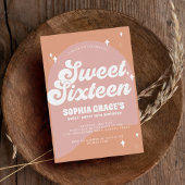 ピンクとオレンジのボホアーチ&フォトレトロスウィート16 招待状