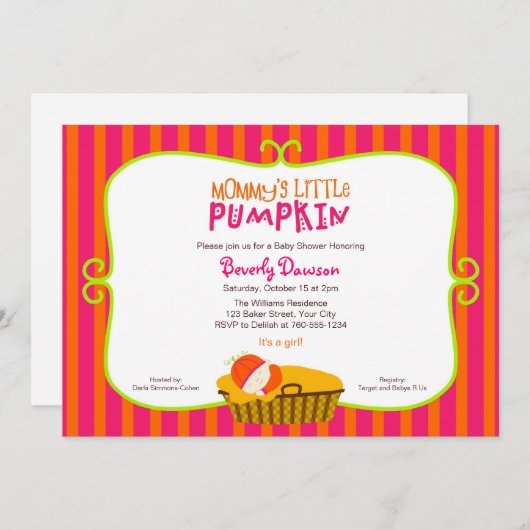 ピンクとオレンジのママの小さなカボチャのベビーシャワー 招待状 (正面/裏面)