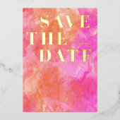 ピンクとオレンジのモダンウェディングSave the Date 箔招待状 (正面)