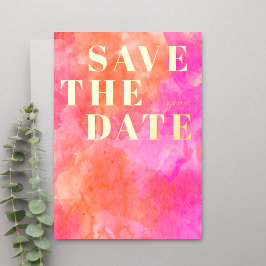 ピンクとオレンジのモダンウェディングSave the Date 箔招待状
