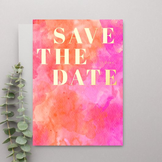 ピンクとオレンジのモダンウェディングSave the Date 箔招待状