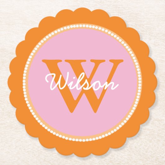 ピンクとオレンジのモノグラムの紙コースター ペーパーコースター (正面)