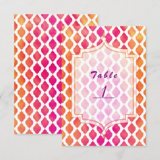 ピンクとオレンジのモロッコパーティテーマテーブルナンバー 招待状 (正面/裏面)