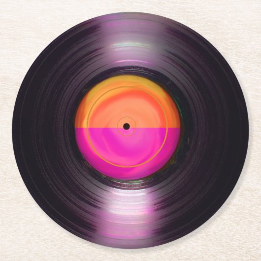 ピンクとオレンジのレトロレコード ラウンドペーパーコースター (正面)